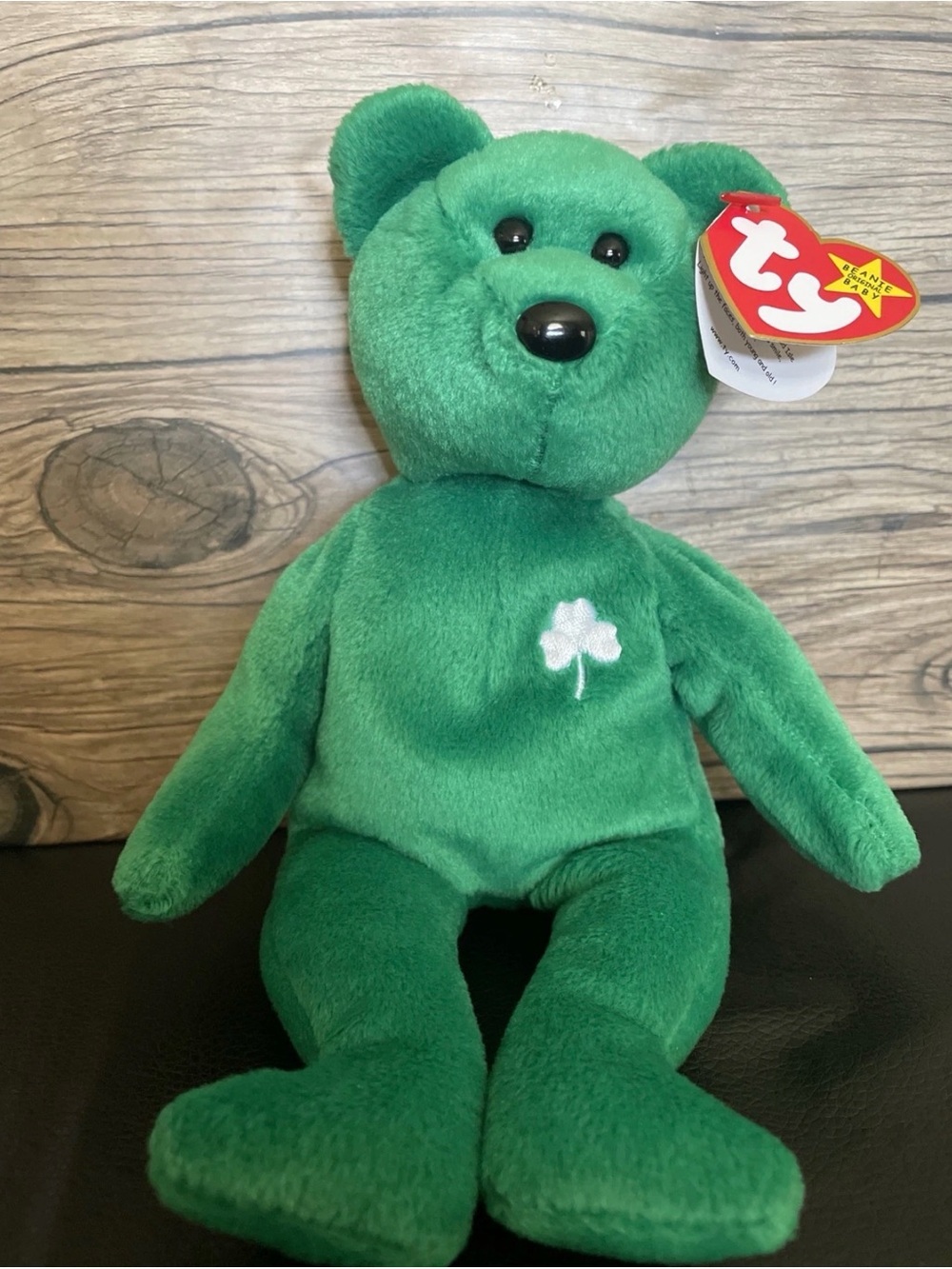 Ty Green Plush Bear with White Clover Accent